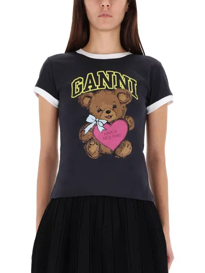 Ganni Graphic Print Crew Neck Short Sleeve Top In Black