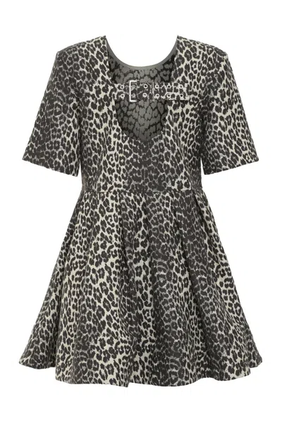 Ganni Leopard Cotton Tweed Mini Dress In Multicolour