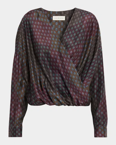 Dries Van Noten Camiel Printed Long-sleeve Wrap Top In Burgundy