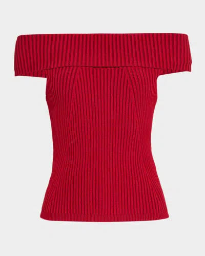 Ramy Brook Luke Foldover Off The Shoulder Rib Top In Red