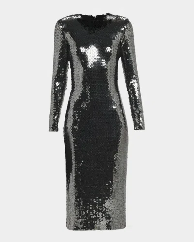 Sergio Hudson Sequined Long Sleeve Midi Dress In Animal Print