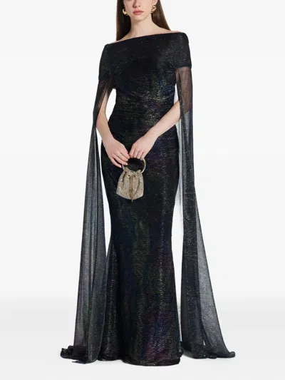 Talbot Runhof Metallic Off-the-shoulder Cape Gown In Blue