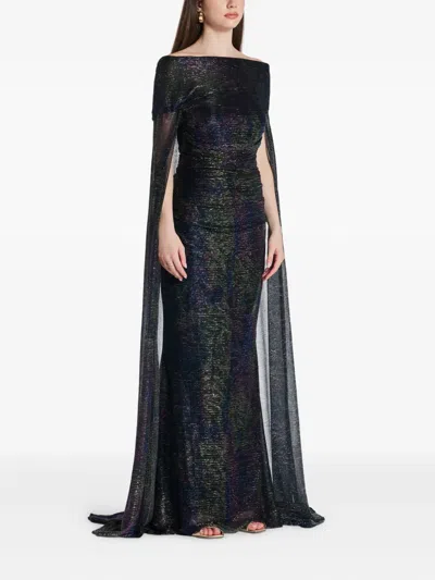 Talbot Runhof Metallic Off-the-shoulder Cape Gown In Blue