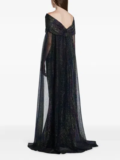 Talbot Runhof Metallic Off-the-shoulder Cape Gown In Blue