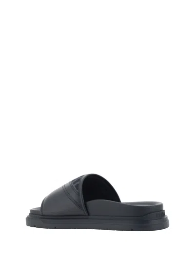 Fendi Men Low Leather Sandals With Ff Jacquard Insert In Black