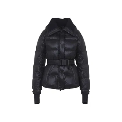 Moncler Puffer Jacket With Belted Waist And High Collar In Blue
