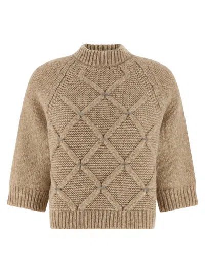 Peserico Diamond Pattern Knit Sweater With Raglan Sleeves In Neutral