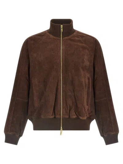 Baracuta Suede Track Jacket With Ribbed Collar And Cuffs In Brown