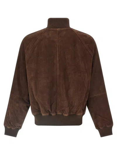Baracuta Suede Track Jacket With Ribbed Collar And Cuffs In Brown