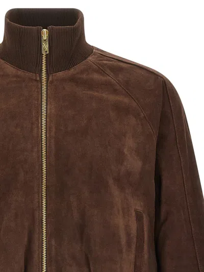 Baracuta Suede Track Jacket With Ribbed Collar And Cuffs In Brown
