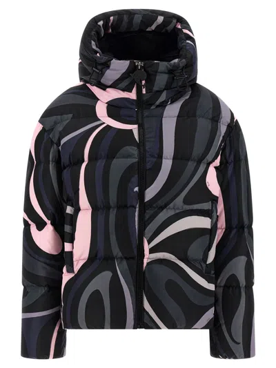 Pucci Hooded Padded Nylon Jacket With Elastic Cuffs In Multi