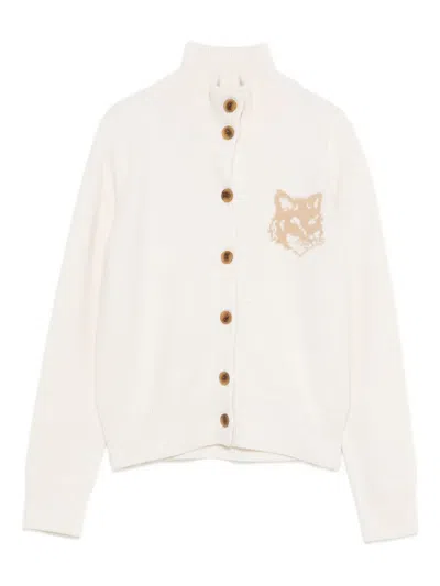 Maison Kitsuné Fox Head Intarsia Merino High Neck Cardigan Knitwear Beige In White