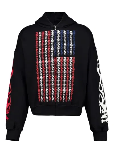 Palm Angels Black Full-zip Hooded Sweatshirt With Flames Flag In Black