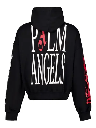 Palm Angels Black Full-zip Hooded Sweatshirt With Flames Flag In Black
