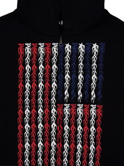 Palm Angels Black Full-zip Hooded Sweatshirt With Flames Flag In Black