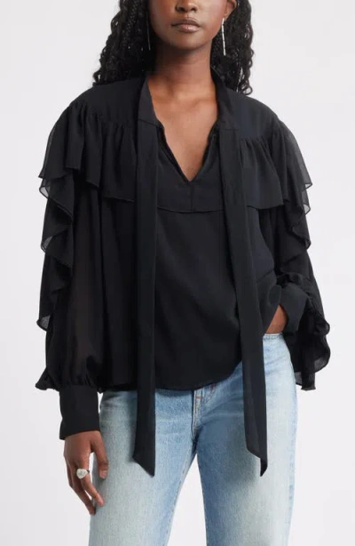 Treasure & Bond Tie Neck Ruffle Chiffon Top In Black