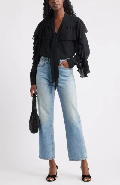 Treasure & Bond Tie Neck Ruffle Chiffon Top In Black