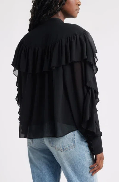 Treasure & Bond Tie Neck Ruffle Chiffon Top In Black