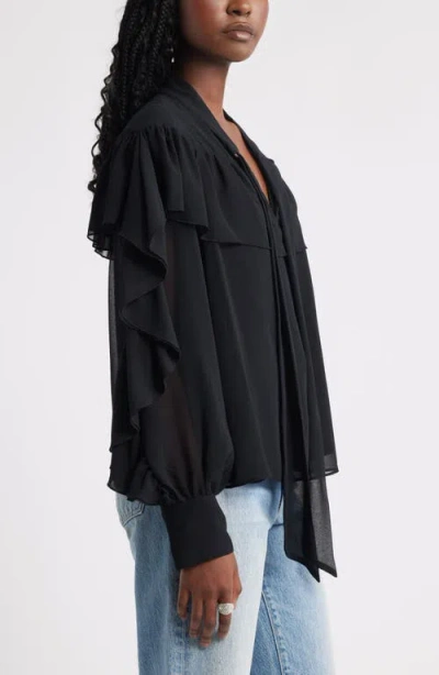 Treasure & Bond Tie Neck Ruffle Chiffon Top In Black