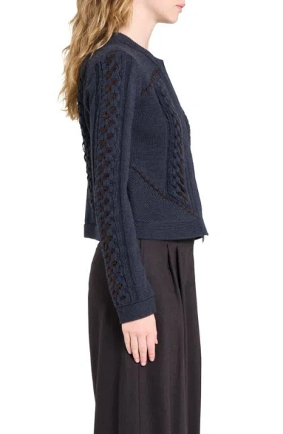 Twp Suede Detail Wool Cable Cardigan In Blue