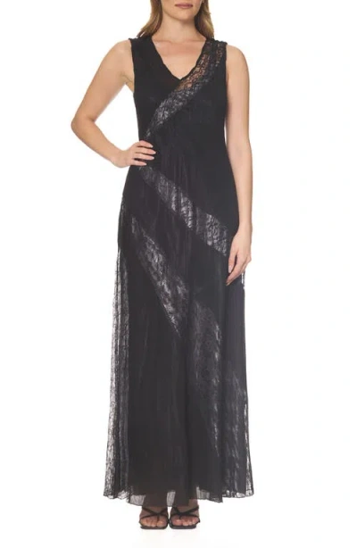 Komarov Lace Inset Chiffon & Charmeuse Gown In Black