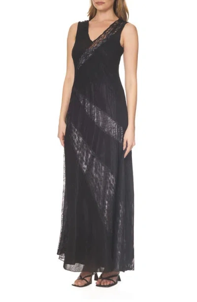 Komarov Lace Inset Chiffon & Charmeuse Gown In Black
