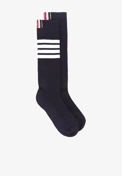 Thom Browne Navy Cotton 4-bar Mid Calf Socks In Blue