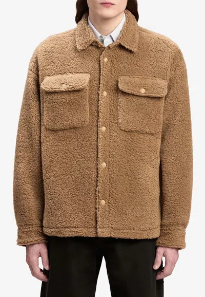 Palm Angels Sherpa Fabric Bear In Mind Overshirt With Double Breast Pock In Brown
