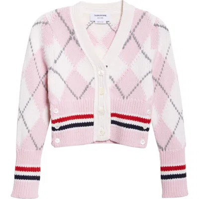 Thom Browne Argyle Intarsia Shrunken Virgin Wool Blend Cardigan In Pink