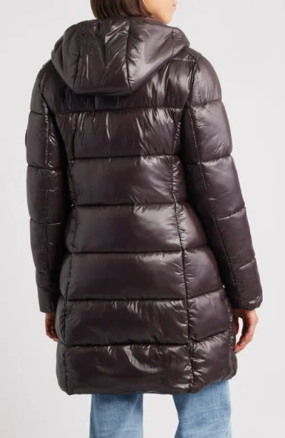 Save The Duck Glossy Long Puffer Jacket With Adjustable Collar And Plumtech Insulation In Brown