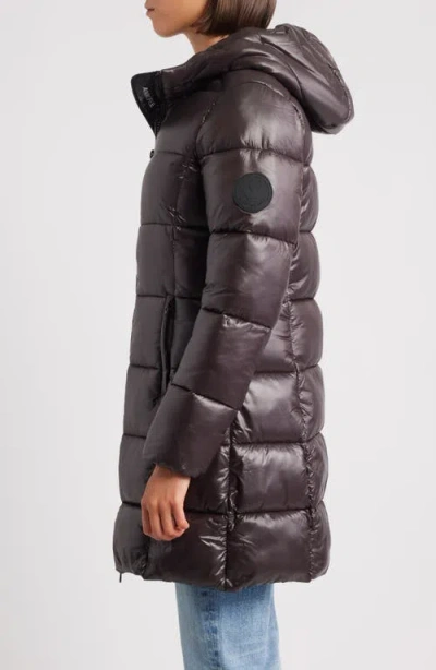 Save The Duck Glossy Long Puffer Jacket With Adjustable Collar And Plumtech Insulation In Brown
