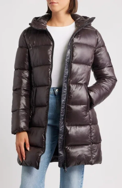 Save The Duck Glossy Long Puffer Jacket With Adjustable Collar And Plumtech Insulation In Brown