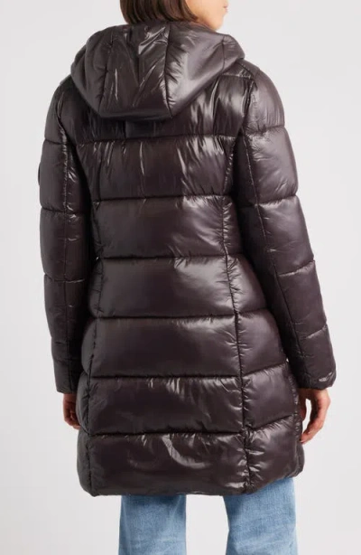 Save The Duck Glossy Long Puffer Jacket With Adjustable Collar And Plumtech Insulation In Brown