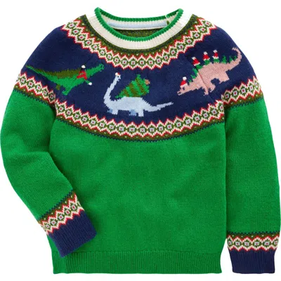 Mini Boden Kids' Fair Isle Christmas Dinosaurs Crewneck Sweater In Green