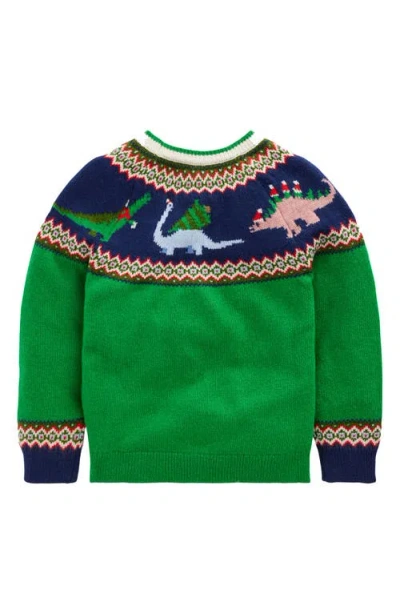 Mini Boden Kids' Fair Isle Christmas Dinosaurs Crewneck Sweater In Green