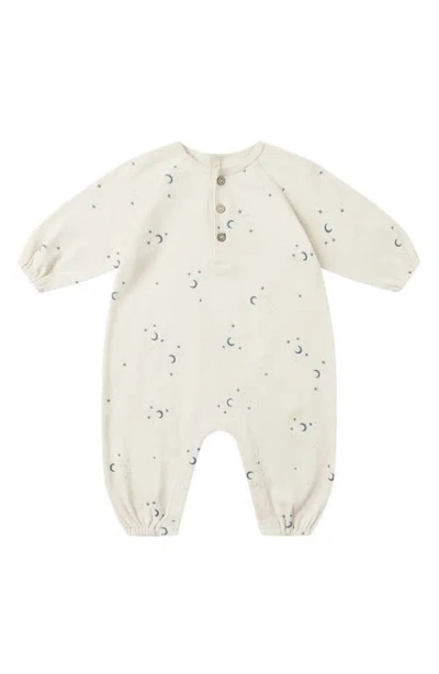 Quincy Mae Moon Print Organic Cotton Henley Bubble Romper In White