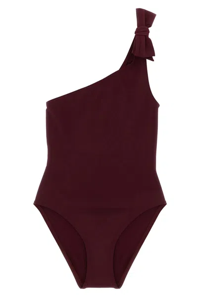Eres Asymmetrical One-shoulder Swimsuit Bow Detail In Burgundy