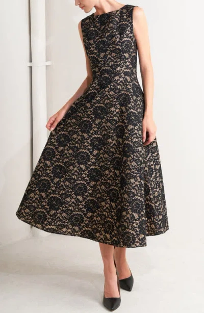 Freemarket Sleeveless Cotton Blend Lace Fit & Flare Midi Dress In Black