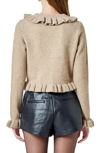 Endless Rose Ruffled V-neck Wool-blend Cardigan In Brown