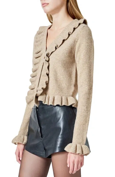 Endless Rose Ruffled V-neck Wool-blend Cardigan In Brown