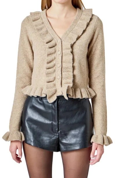 Endless Rose Ruffled V-neck Wool-blend Cardigan In Brown