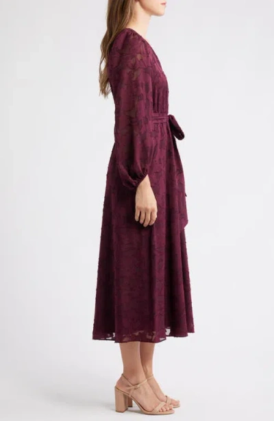 Anne Klein Women's Jacquard V-neck 3/4-sleeve Midi Dress In Burgundy