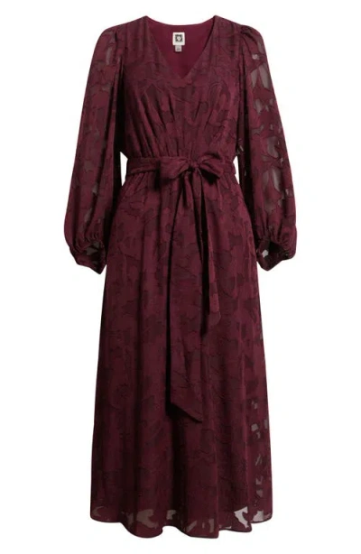 Anne Klein Women's Jacquard V-neck 3/4-sleeve Midi Dress In Burgundy
