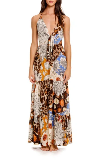 Agua Bendita Gabrielle Quilt Tue Front Halter Cover-up Maxi Dress. In Brown