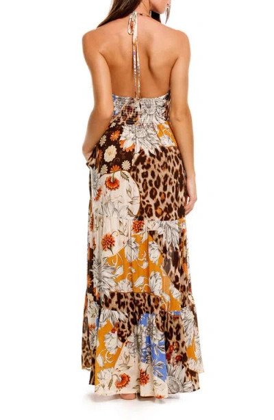 Agua Bendita Gabrielle Quilt Tue Front Halter Cover-up Maxi Dress. In Brown