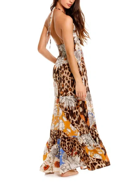 Agua Bendita Gabrielle Quilt Tue Front Halter Cover-up Maxi Dress. In Brown