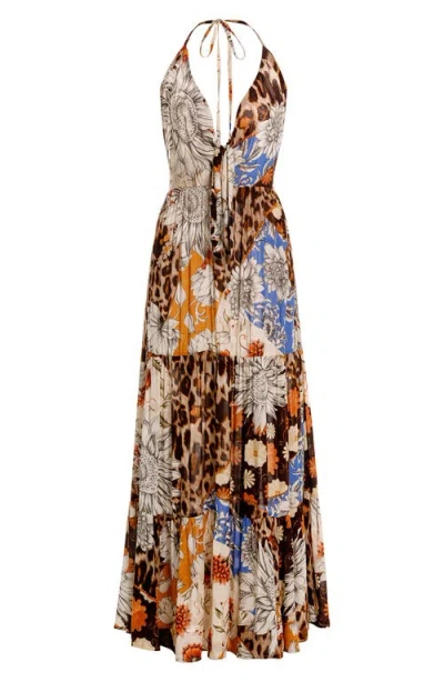 Agua Bendita Gabrielle Quilt Tue Front Halter Cover-up Maxi Dress. In Brown