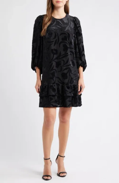 Anne Klein Metallic Floral Tiered Minidress In Black