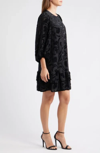 Anne Klein Metallic Floral Tiered Minidress In Black