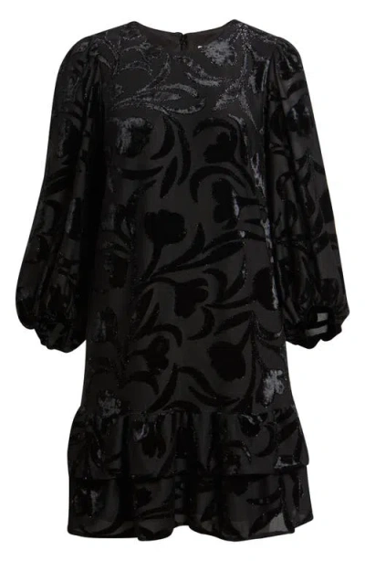 Anne Klein Metallic Floral Tiered Minidress In Black